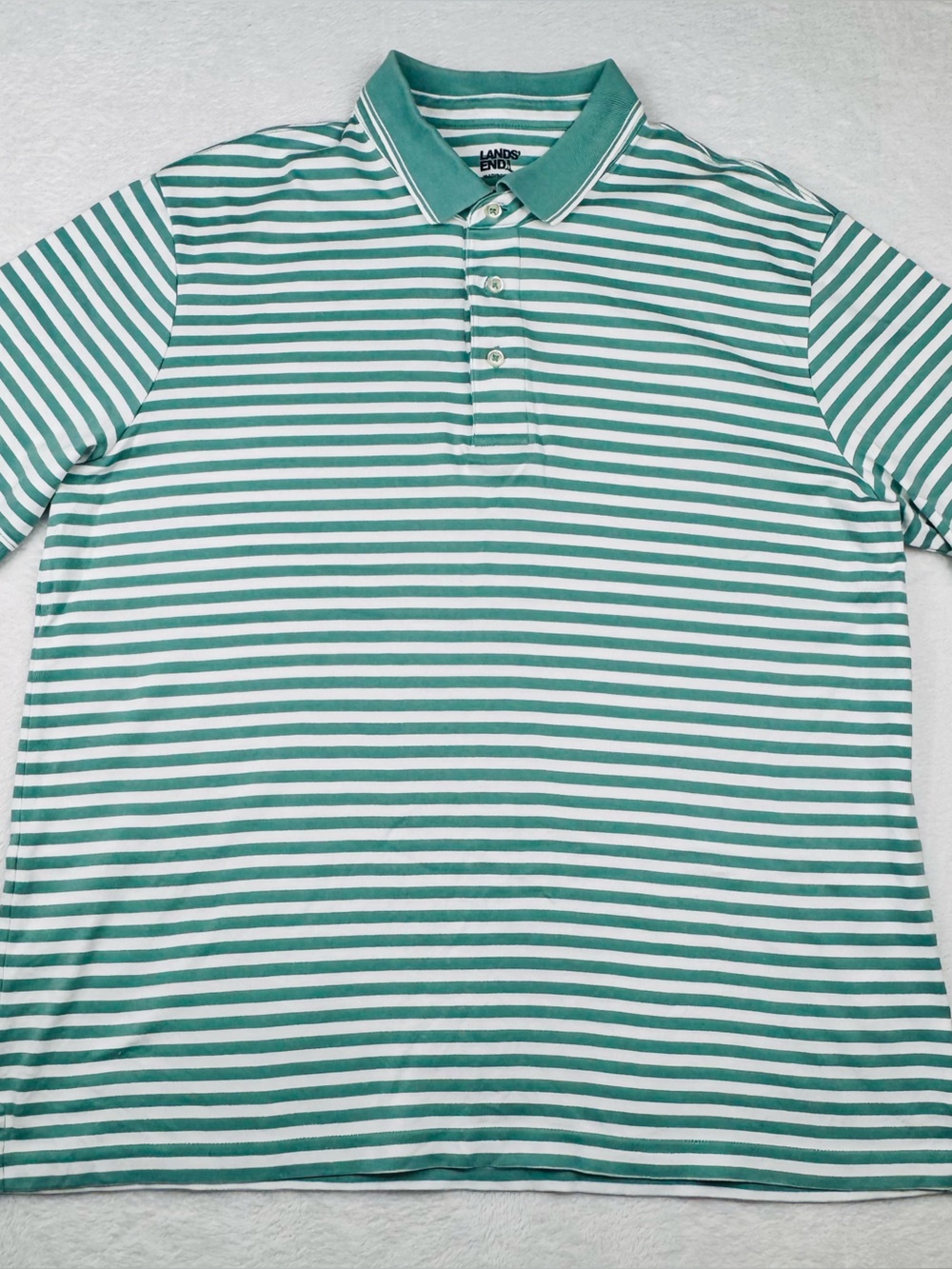 Lands' End Traditional Fit green and white striped polo shirt. Men’s size L.